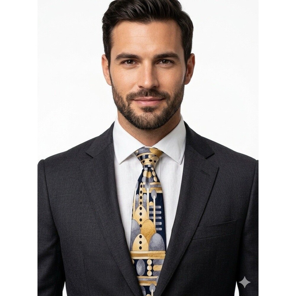 Alexander Lloyd Men's Navy Gold Gray Geometric Abstract Pointed Tie Logo